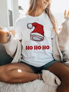 feliz navidad hohoho sombrero vintage impresión gráfica camiseta, manga corta cuello tripulación top casual para verano y primavera, ropa de mujer - Blanco - Ver 2