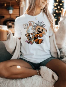 Boho Love Halloween Pumpkins Graphic Print T-Shirt, Short Sleeve Crew Neck Casual Top For Summer And Spring, Women's Clothing - 白色 - 查看 1