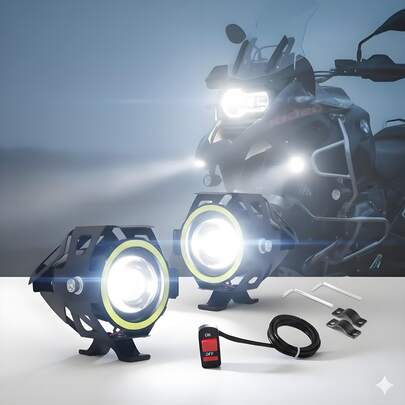 Kit 2 Farol Grande Milha U7 Olho Anjo Led Branco Angel Eye Motos Carro Strobo Com Punho Interruptor e Suporte Universal