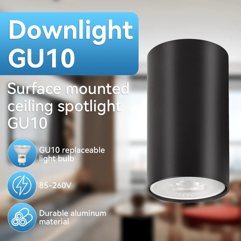 55*100mm GU10 表面安装筒灯(无光源),白色/黑色圆形,安装简便,硬线连接,适用于天花板/墙壁/展厅/阅览室/餐厅/酒吧/卧室/咖啡厅/餐厅/服装店/客厅/走廊/入口/楼梯间等场所,可根据需求选择尺寸,简约设计 - 黑色 圓形 不含光源 - 查看 1
