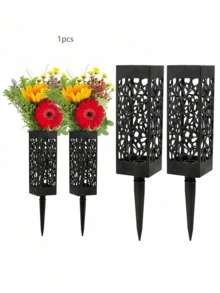 2pcs Memorial Flower Stand, Vase For Grave, With Stake, Suitable For Yard Decor, Square Grave Flower Pot With Ground Nail, Outdoor Plant Label Decor - Black - View 9