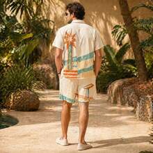 Men's Retro Desert Geometric Print 2 Piece Outfit, Summer Casual Button Down Shirt And Shorts Set, Lightweight Beach Vacation Suits For Men - A - 查看 5