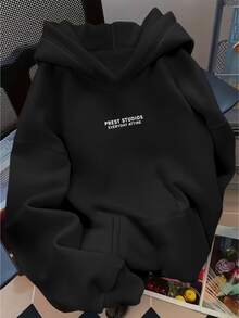 Women's Hoodie With Kangaroo Pocket, Casual Long Sleeve, Flannel Cotton, Warm, Ideal For Winter - 黑色 - 查看 7