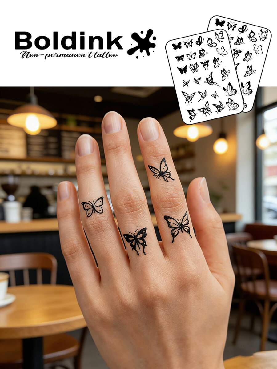 Boldink 2张黑白蝴蝶图案临时纹身贴纸,防水,可持续1-2周,植物配方,温和亲肤,完美日常配饰,中式风格男女皆宜的礼物 - 黑色 - 查看 1