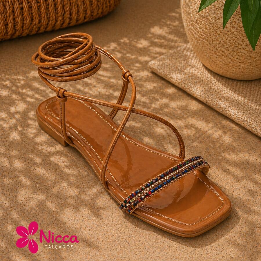 Flat Sandal With Ties And 2 Colorful Rhinestone Straps. - Camel - Ver 1