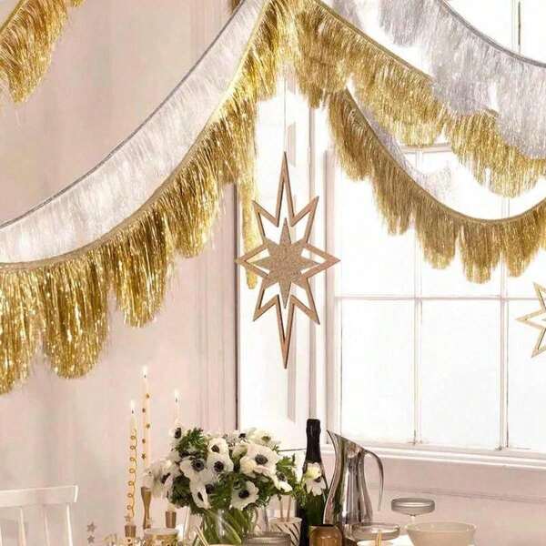 1 pieza Pancarta de lentejuelas metálicas con borde ondulado rosa, Guirnalda de flecos de lámina con borlas rosas, Pancarta con borlas - Guirnalda de lentejuelas en capas para fiesta, Adecuada para pancarta de fiesta, Decoración de despedida de soltera, Fondo fotográfico de feliz cumpleaños, Decoración de fiesta, Decoración del Día de San Valentín