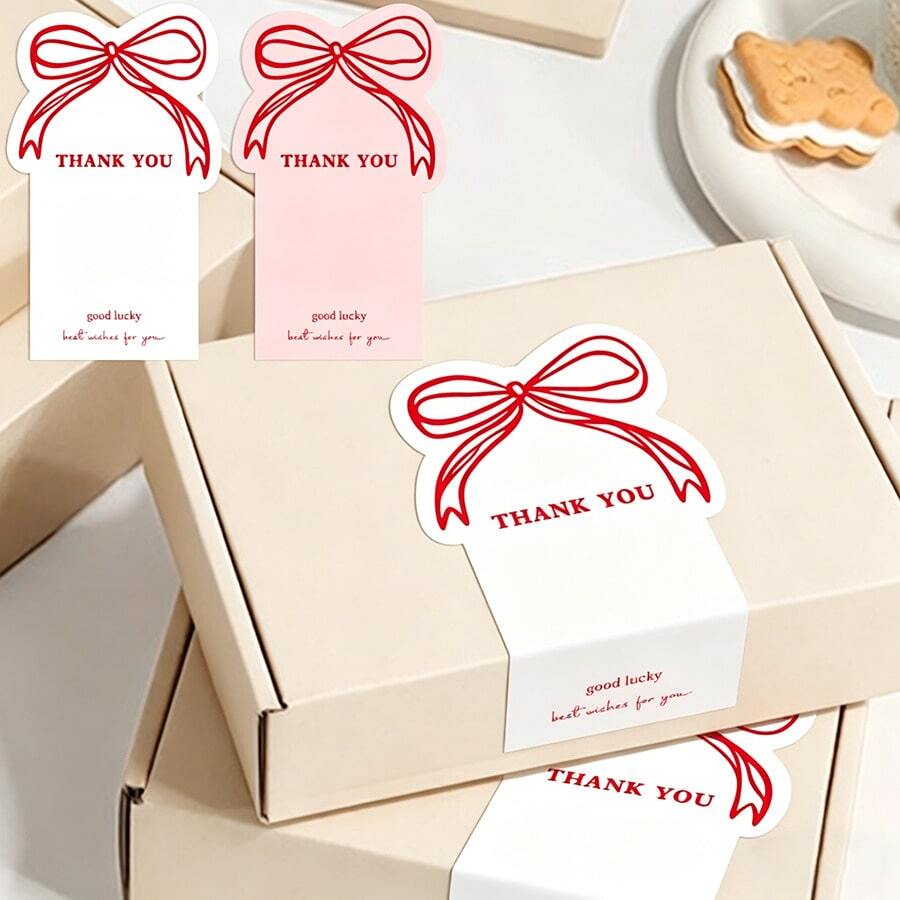 25 piezas/50 piezas Pegatinas de lazo hechas a mano, Pegatinas rectangulares de agradecimiento, Etiquetas de decoración para cajas de regalo - corbata de moño - Ver 1
