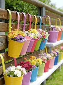 [Flower Pot: Rainbow Color]Garden Decoration, Outdoor And Garden Supplies, Colorful Metal Hanging Flower Pot With Built-In Hook, Suitable For Gardening Enthusiasts Decorative Flower Pot, Vintage Balcony Plant Bucket Suitable For Balcony, Fence, Yard, Home Gardening Decoration, Garden Decoration, Best Gift For Family And Friends - New Model - View 3