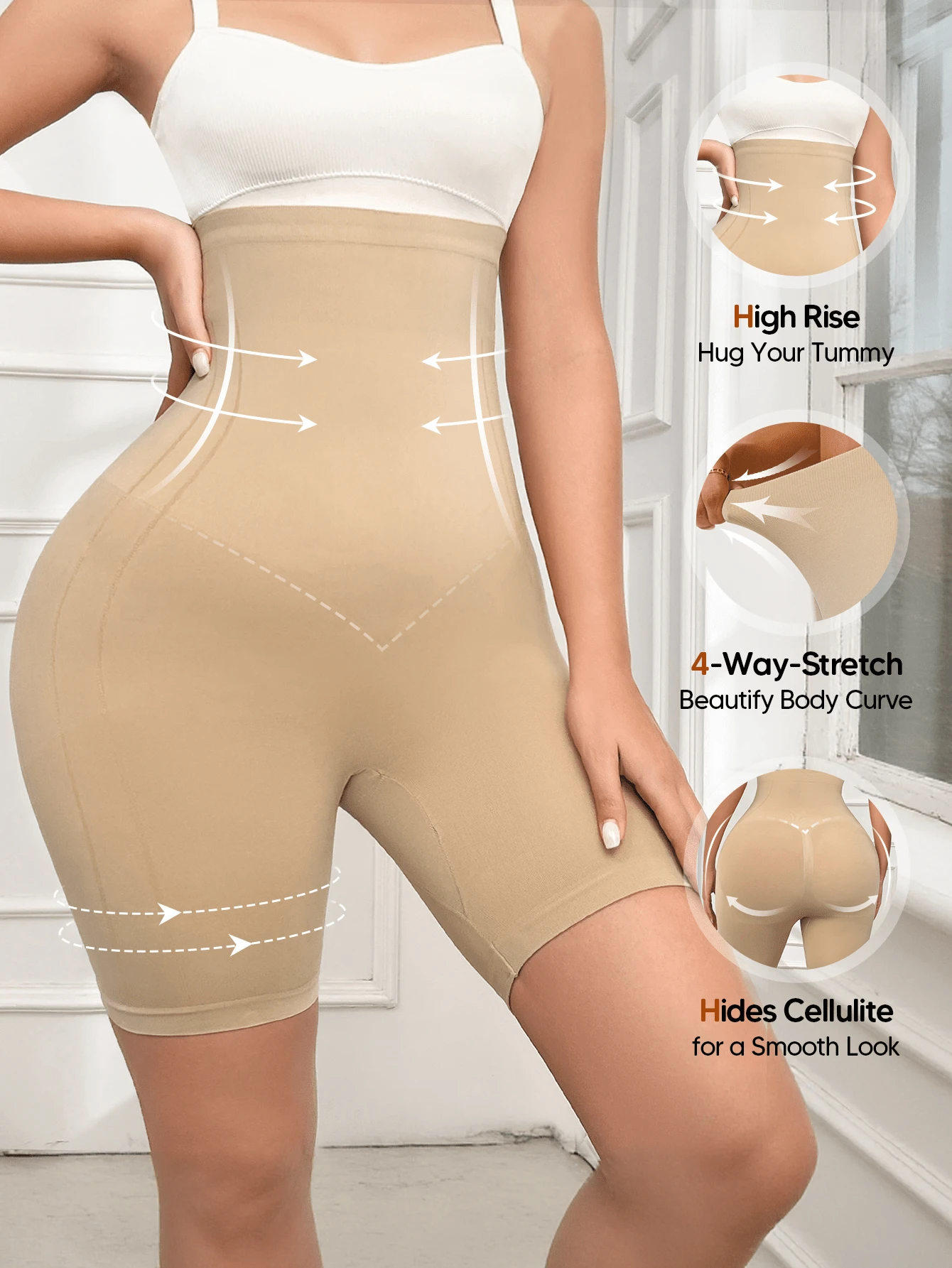 High Waist Butt Lifting Shapewear Shorts, Tummy Control Summer Shaper For Party & Wedding - Apricot - View 1