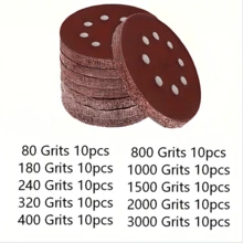 Juego de lijas de 5 pulgadas con 8 agujeros, 100 hojas. Granos: 80, 180, 240, 320, 400, 800, 1000, 1500, 2000, 3000. 100 hojas/paquete (10 hojas de cada grano). Apto para lijar y pulir. - Marrón - Ver 2