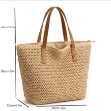 Handmade Straw Beach Tote Bag For Women, Large Capacity Crochet Boho Shoulder Bag, Comfortable Woven Handbag For Summer Vacation, Beach & Daily Use - 卡其色 - 查看 5