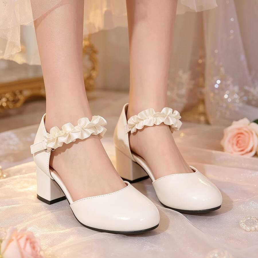 Girls' Patent Leather Mary Jane Shoes, Ruffled Ankle Strap Pointed Toe Block Heels, Sweet & Stylish Comfortable Dress Shoes For Daily Wear & Party - White - View 1