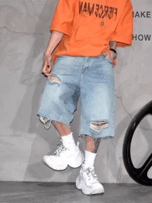 Celana Pendek Denim Sobek Bergaya Streetwear Musim Panas Pria, Celana Capri Longgar Lebar Potongan Lurus Panjang Sedang - Light Wash - View 3