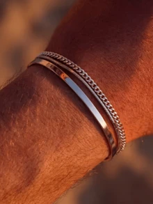 3pcs/Set Men's Stainless Steel Silver Bracelet Set, Minimalist Cuban Link, Snake Chain, Smooth Bangle Combination, High-End Versatile Non-Fading Niche Design Men's Accessory, Daily Commute Street Fashion Gift For Boyfriend - 3 Bracelets - View 1