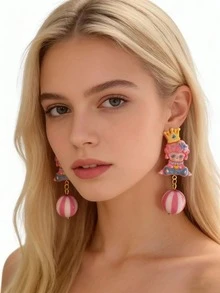 1 Pasang Anting-Anting Gaya Manis dengan Mahkota Rambut Keriting Merah Muda Lucu Cocok untuk Anak Perempuan, Hadiah Kencan Sehari-hari, Aksesoris - MultiWarna - View 3
