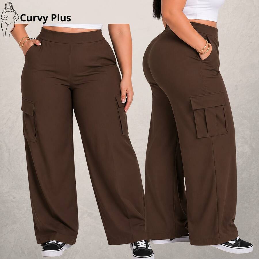 Wide Leg Cargo Plus Size Tailored Pants Women's High Waist, Women's Wide Leg Formal Pants Plus Size Wide Leg Cargo Tailored Premium Plus Size High Waist Formal Plus Size High Waist Casual Fashion Work Evening Large Sizes 46 To 56 - 鏽棕色 - 查看 1
