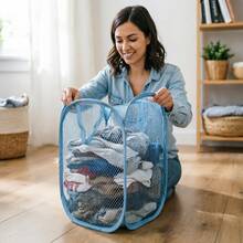 1 pieza Cesta de lavandería plegable, portátil y transpirable de estilo minimalista - Adecuada para el hogar, dormitorio, baño y otros escenarios. Esta cesta de lavandería presenta un diseño de unicolor, ideal para viajes, actividades al aire libre y viajes de negocios. - Neblina azul - Ver 10
