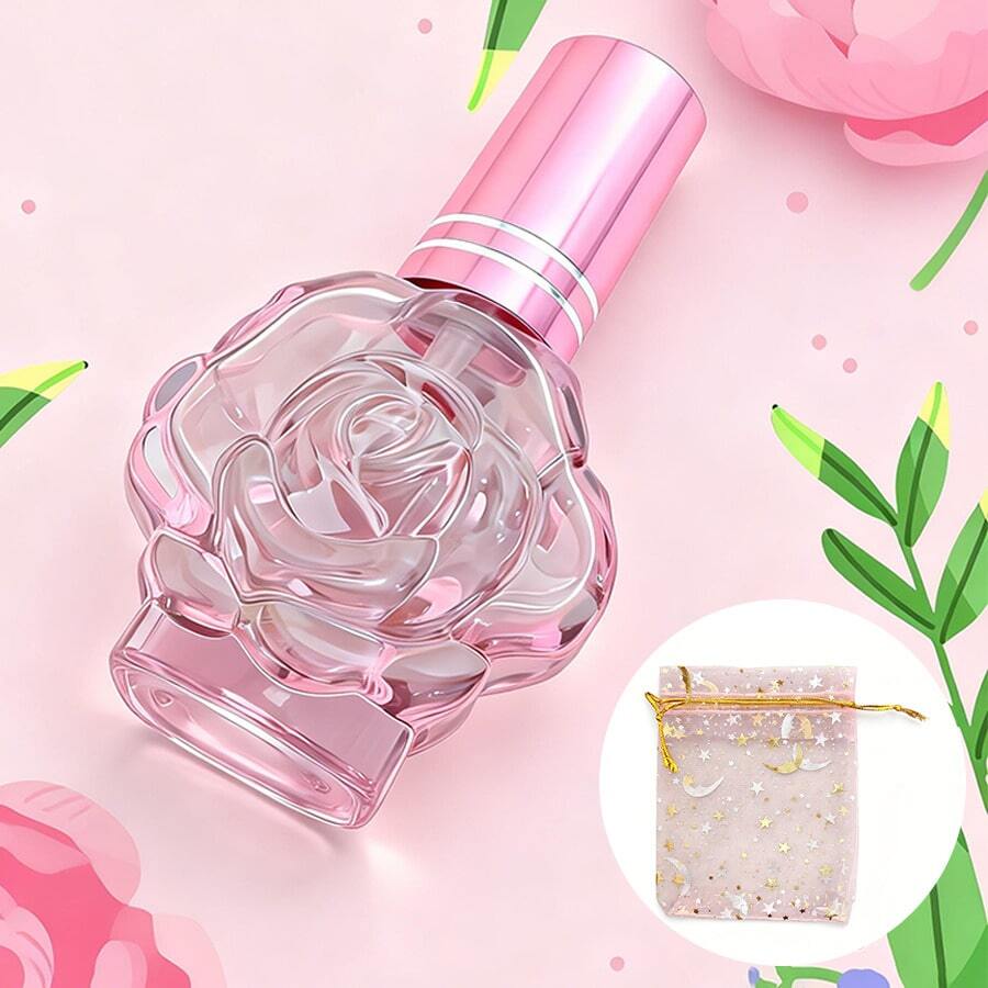 1个奢华粉红玫瑰香水可灌装瓶(含欧根纱袋),铝制喷头和玻璃瓶身,适用于精油、香水、DIY香氛、旅行及礼品(空瓶),旅行必备 - 彩色 - 查看 1