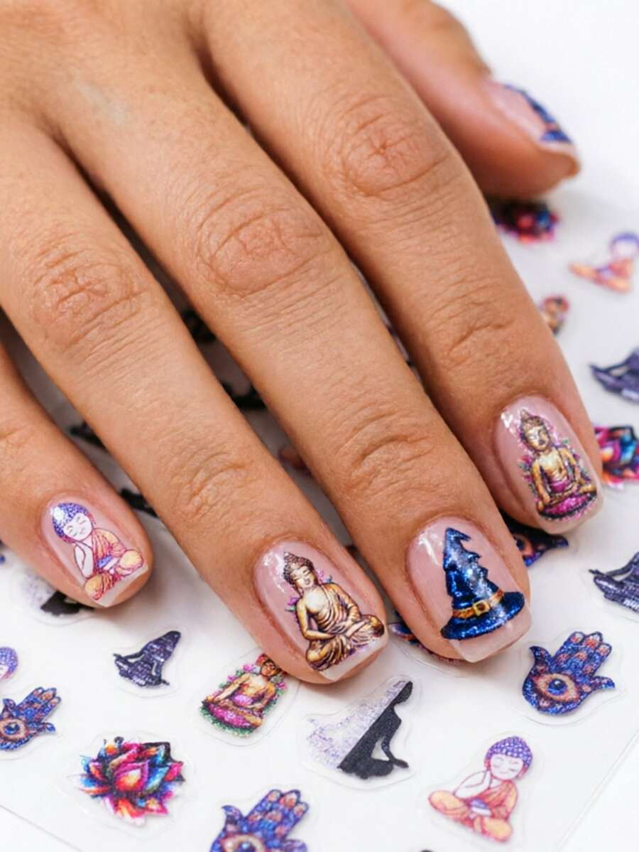 1 pieza Pegatina de uñas de Buda sagrado con loto, deslizador de ojo de la sabiduría, decoración de arte de uñas con relieve autoadhesivo de un solo uso, adecuado para fiestas temáticas, patrón exquisito fácil de aplicar y duradero - Multicolor - Ver 1