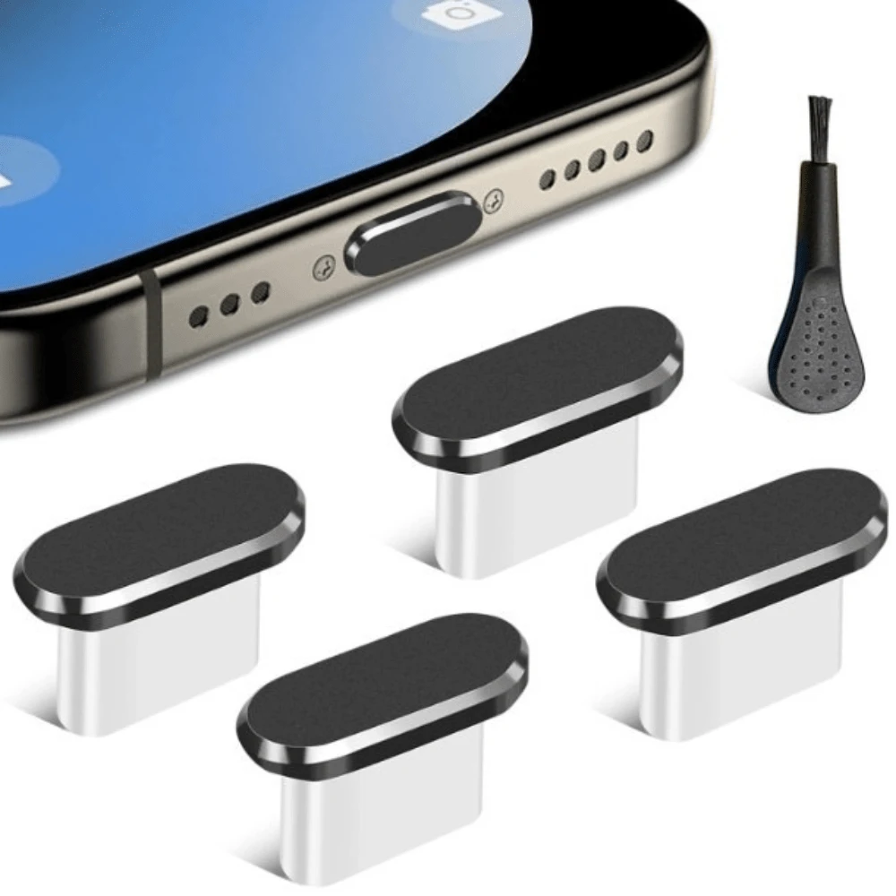 Bộ 4 nút bịt bụi cổng USB-C, kèm chổi vệ sinh, nắp đậy cổng sạc Type-C bằng kim loại, nắp bảo vệ cổng sạc USB-C chống bụi, tương thích với tất cả các thiết bị USB-C. - màu đen - Xem 1