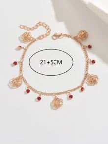 1件装女士金色玫瑰花吊坠脚链，红色水钻装饰可调节链条脚链，精致波西米亚风夏季海滩度假脚部饰品 - 紅色 - 查看 4