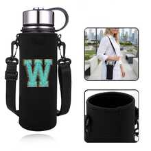 1pc 550-1500ML Sports Water Bottle Insulated Bag, Crossbody Cup Sleeve Protective Cover With Adjustable Shoulder Strap, Water Bottle/Cup Storage Bag, Embroidered Green Letters A-Z - Black - View 70