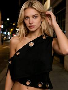 Women's Summer One Shoulder Vest Sleeveless Solid Color Metal Circle Cutout Tank Tops - Black - View 6