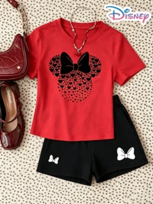 Disney Minnie Mouse Black Bow Heart Print Two-Piece Set For Teen Girls - Y2K Pattern T-Shirt And Shorts Set. A Casual Printed Loungewear Set, Perfect For Holiday Gifting. (Disney T-Shirt/Teen Girl Clothes/2 Piece Summer Outfit/Holiday Outfits For Women/Girls Clothes/Coords Sets Women Summer/Patterned T-Shirt) - 紅色 - 查看 1