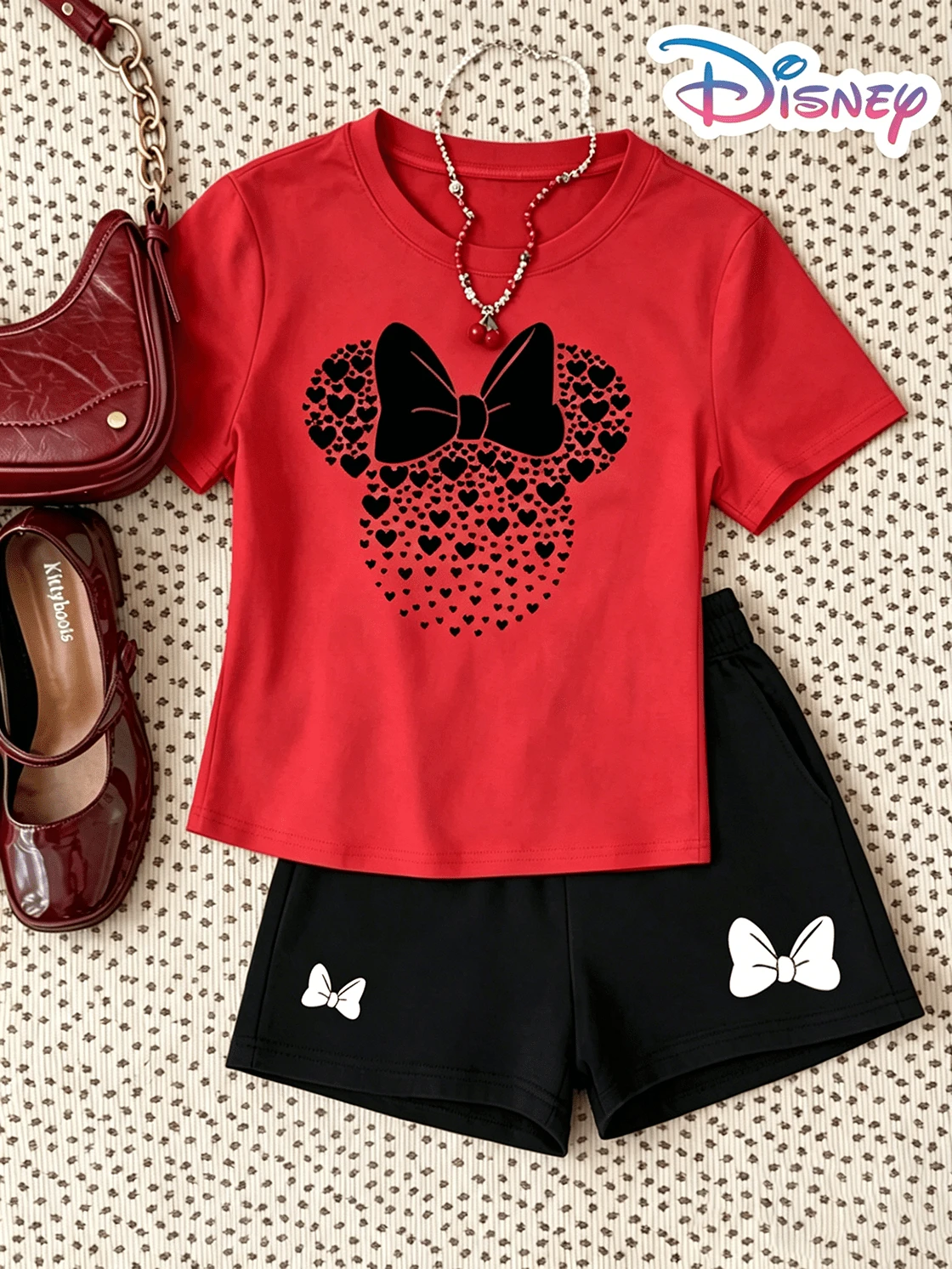 Disney Minnie Mouse Black Bow Heart Print Two-Piece Set For Teen Girls - Y2K Pattern T-Shirt And Shorts Set. A Casual Printed Loungewear Set, Perfect For Holiday Gifting. (Disney T-Shirt/Teen Girl Clothes/2 Piece Summer Outfit/Holiday Outfits For Women/Girls Clothes/Coords Sets Women Summer/Patterned T-Shirt) - 紅色 - 查看 1