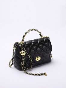 1pc Pink PU Quilted Diamond Pattern Embroidered Chain Bag, Fashionable Flap Twist Lock Small Square Bag, Versatile Shoulder Crossbody Bag Suitable For Daily Commute, Hanging Out With Friends, Shopping, Afternoon Tea - Black - View 8
