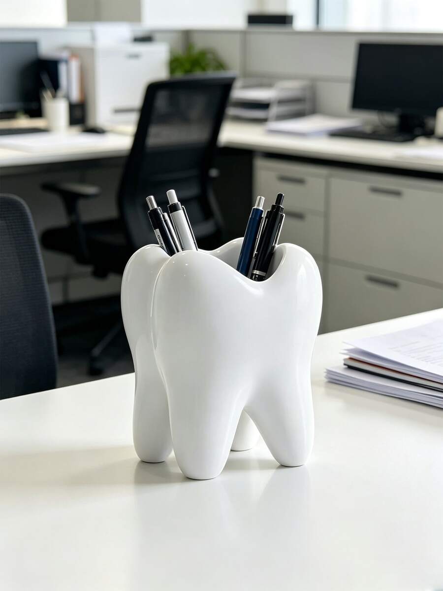 Porta-escova de dentes grande e branco em formato de dente, porta-canetas multifuncional criativo e caixa organizadora de mesa, recipiente de cerâmica para armazenar materiais de escritório, escova de dentes, pasta de dentes e acessórios de banheiro. Decoração de banheiro aconchegante, ideal para o outono e a volta às aulas. - Multicolorido - Ver 1