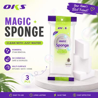 OKS Bộ 3 miếng bọt biển tẩy rửa thần kỳ màu trắng - Miếng lau chùi đa năng cho nhà bếp, dùng để loại bỏ các vết bẩn cứng đầu.