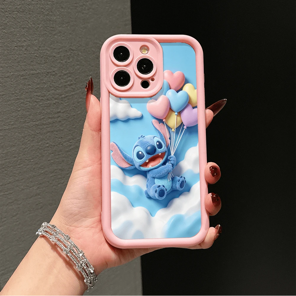 Disney Lilo & Stitch 3D Effect Phone Case, Featuring Stitch With Pastel Heart Balloons, Blue Sky And Cloud Background, Compatible With IPhone 17, 16, 15, 14, 13, 12, 11 Pro Series And Galaxy S22, S23, S24, S25 Models, A Charming Choice For Disney Fans, Ideal For Birthdays, Holidays, Or Any Special Occasion To Surprise Family And Friends - 酒紅色 - 查看 1