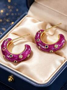 Women's Gold-Plated C-Shaped Hoop Earrings, Paired With Rose Red Enamel And Multicolor Cubic Zirconia, Exquisite And Personalized Design, Suitable For Daily Commute And Workwear, An Ideal Gift For Fashion Enthusiasts - Gold - View 4