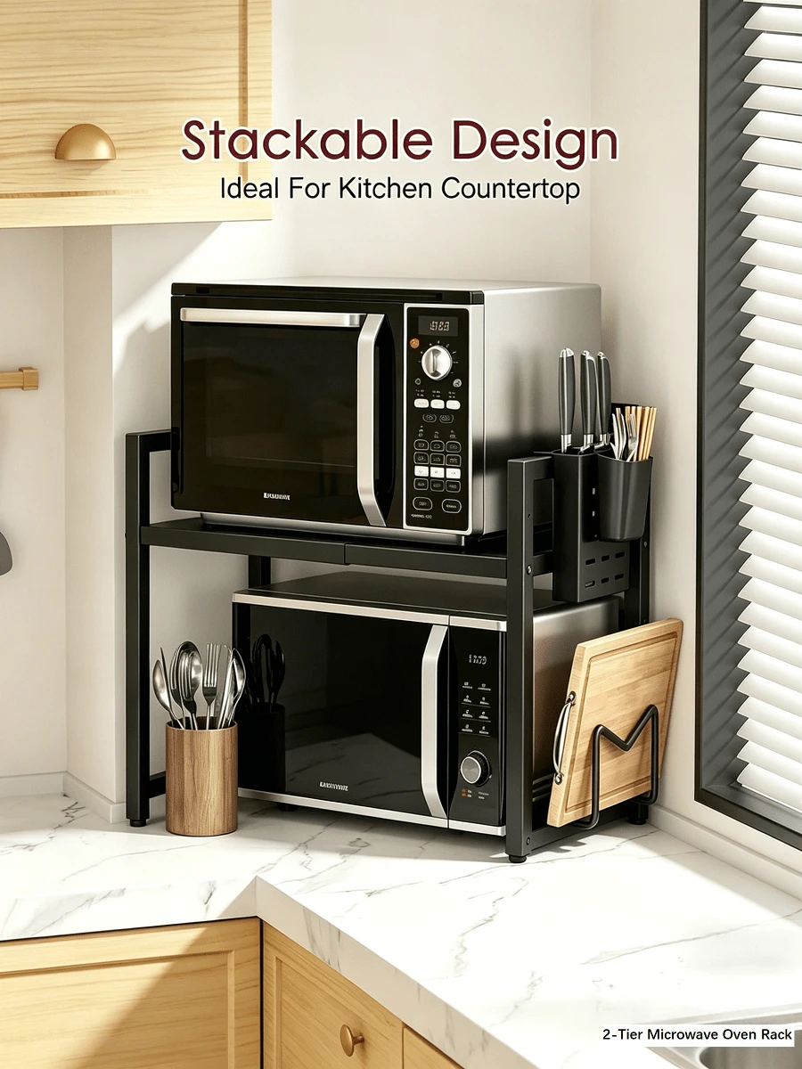 Adjustable Telescopic Microwave Rack, 2-Tier Countertop Microwave Stand, Expandable Kitchen Organizer Shelf For Oven, Air Fryer & Kitchenware, Black Kitchen Essentials For Countertop Storage - View 1