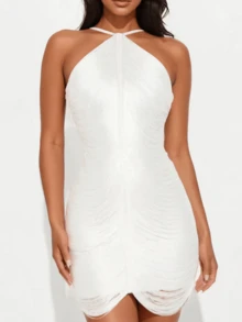 Sparkly Y2K Halter Ruched Backless Deep V-Neck Bodycon Mini Dress For Women, Off Shoulder Vacation Club Date Night Party Beach Dress - White - View 2