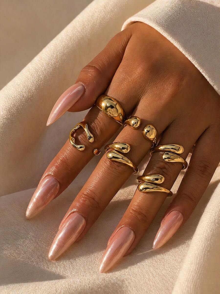 6 pièces Bagues ouvertes vintage minimalistes à design géométrique exagéré en forme de larme de lave, bagues épaisses en métal de couleur or uniques et à la mode, convenant pour le trajet quotidien des femmes, les cadeaux de vacances, la décoration de fête, un ensemble de bijoux charmants - Or jaune - Voir 1