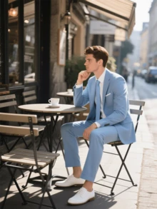Giacca monopetto da uomo, blazer formale con colletto, adatto per abbigliamento da lavoro, elegante cappotto con bottoni frontali, adatto per ufficio, riunioni, colloqui e occasioni formali, versatile per uso quotidiano - blu polveroso - Visualizzare 5