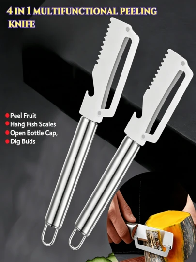 4-In-1 Stainless Steel Multifunctional Peeler: Bottle Opener, Fish Scaler, Hanging Handle Design, Perfect Kitchen Tool, 19.4cm/7.63" Vegetable Fruit Peeler With Sharp Blade, Suitable For Potato, Pumpkin, Celery, Sugarcane And More, Home & Outdoor Picnic Kitchen Gadget