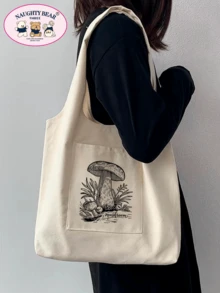 Minimalist Mushroom Line Print Canvas Tote Bag - Beige - View 4