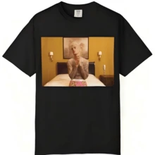 Justin Biebers Blonde Tattooed Model Photo T-Shirt Retro Motel Portrait,Men Clothes Men's Cotton T Shirt Men T Shirts For Men Summer Outfits Men Men's Summer Clothes Shirts For Men,Modest Summer Outfits Women's Summer Clothing Tops Summer Tops For Women. - Black - View 1