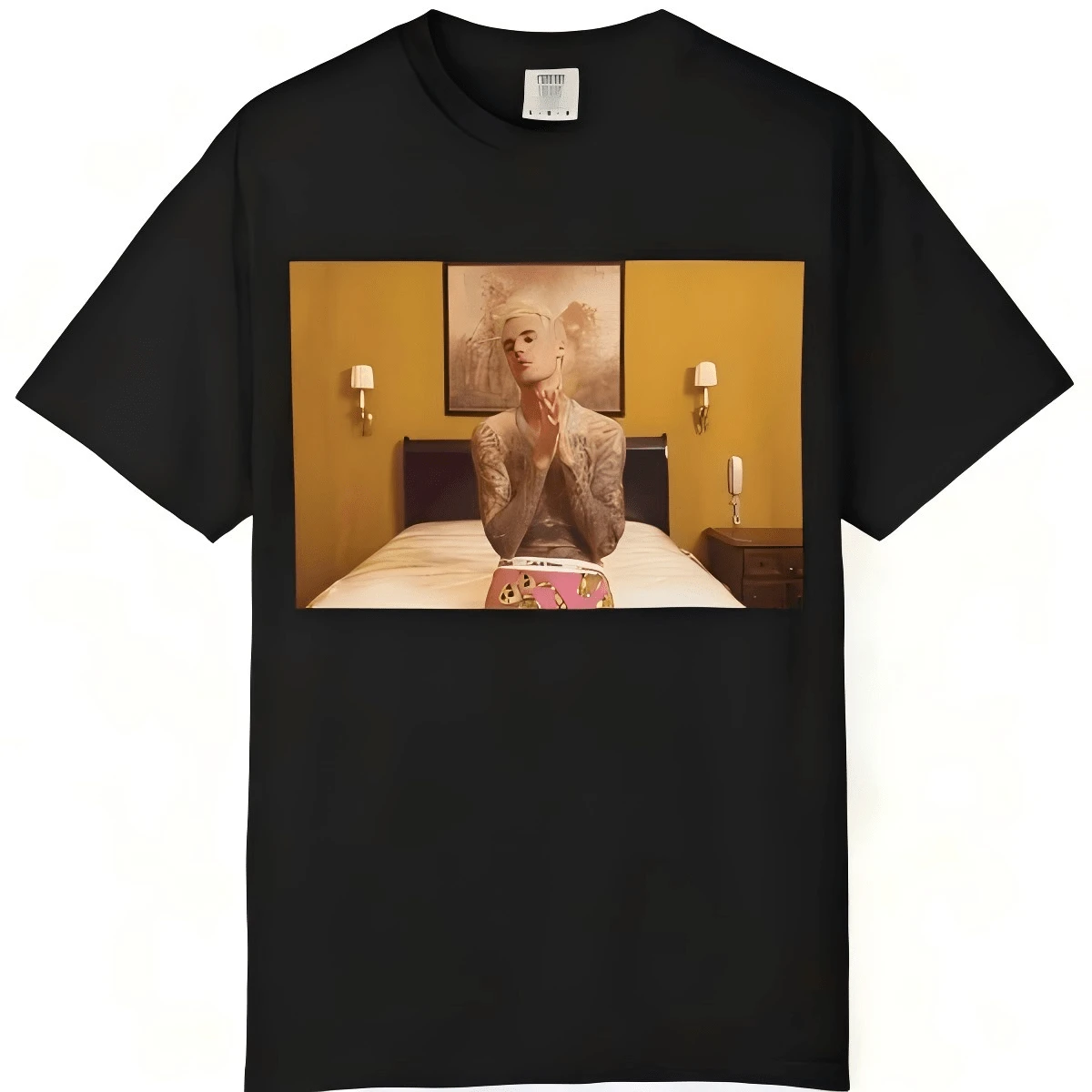 Justin Biebers Blonde Tattooed Model Photo T-Shirt Retro Motel Portrait,Men Clothes Men's Cotton T Shirt Men T Shirts For Men Summer Outfits Men Men's Summer Clothes Shirts For Men,Modest Summer Outfits Women's Summer Clothing Tops Summer Tops For Women. - Black - View 1