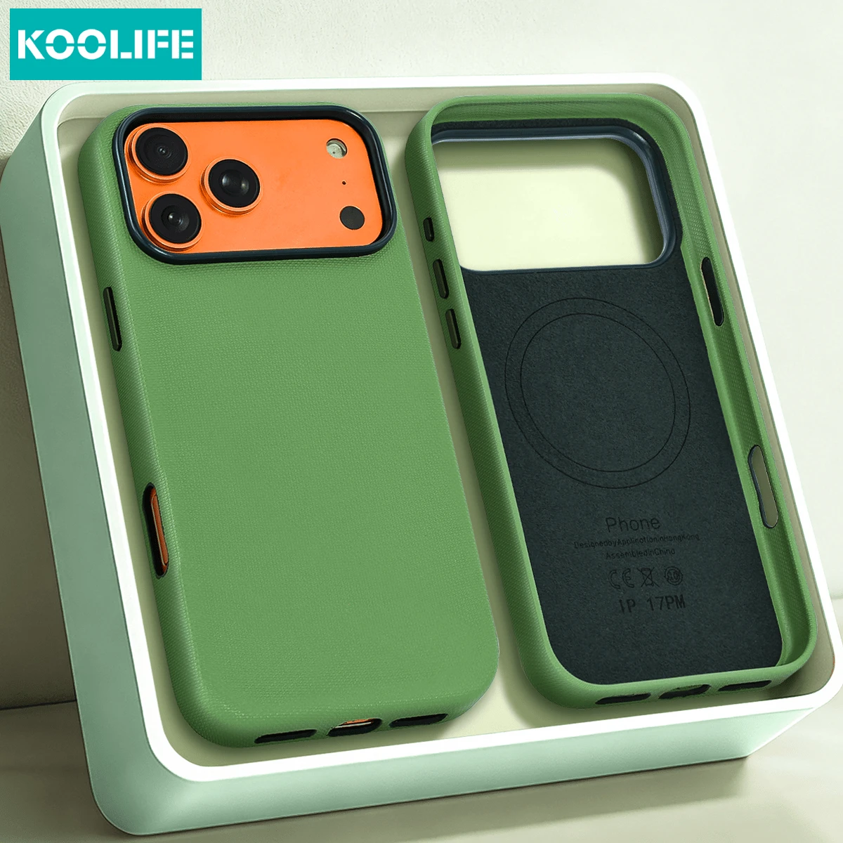 Koolife 1 件装绿色 PU 皮革纹理手机壳，PC+TPU 材质，兼容 MagSafe，防震防指纹，适用于 Apple 17/17 Pro/17 Pro Max - 綠色 - 查看 1