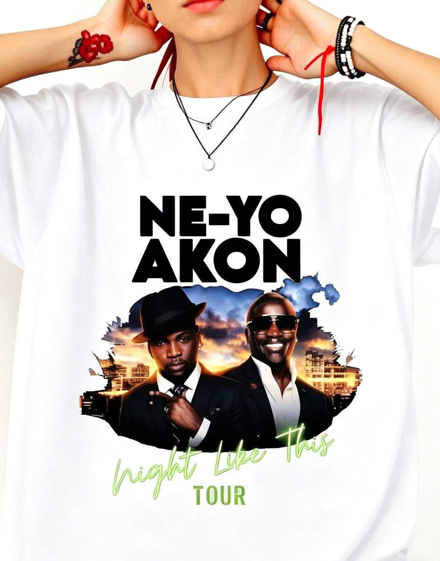 Casual Streetwear Style Women's T-Shirt Ne Yo Akon 2026 Concert Tour Graphic Summer And Autumn Clothing Gift For Music Lovers And Fans 100% Cotton, Classic Unisex Graphic Print T-Shirt – Perfect For Everyday Wear. Casual Cotton Summer Shirt: Soft, Lightweight And Comfortable To Wear. Stylish, Relaxed Design – Ideal For Women And Men. Crew Neck T-Shirt, Sports Top, Going-Out Shirt. Suitable As Outdoor Wear, Workwear, For The Office, Holidays Or Graduation. Casual T-Shirt With A Close Fit; Available As A Slogan Shirt, Quote Shirt, With A Minimalist Graphic Design Or Fun Motif. Ideal For Beach Parties, Surfing, Picnics Or As A Gift. Perfect As An Airport Outfit And For Every Season: Spring, Summer, Autumn And Winter. 3DOB - White 1 - View 1
