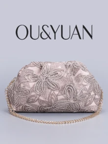 Fashionable High-End Floral Print Shoulder Bag, Luxury Elegant Pleated Clutch Bag With Random Print, Suitable For Evening Gala, Party And Wedding - Camel - View 1