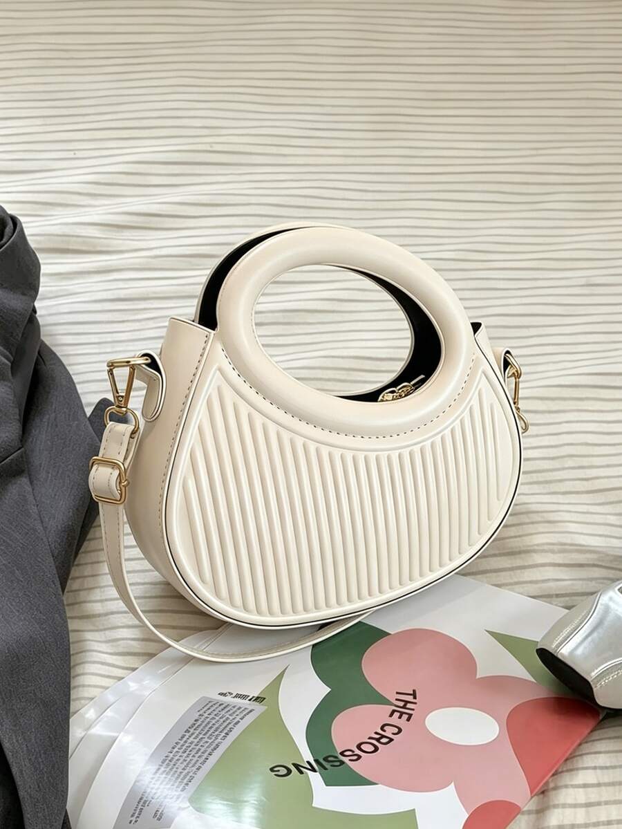 Classic Minimalist Design Gentle Lady Commute/Date Shoulder/Crossbody Bag, Striped Embossed Handbag, Fashionable Round Crossbody Bag With Dual Handles, Novel Women Wallet - White - View 1
