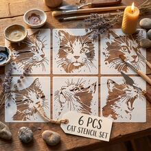 6pcs Cat Head Stencil With Various Expressions,6.0 Inch Reusable Cute & Vivid Cat Face Stencils, Plastic Durable Pet-Theme DIY Drawing Templates Suitable Party Decorations, Fabric, Wall, Canvas, Art Design, Home Decor& Art Crafts - Cat Head - View 1