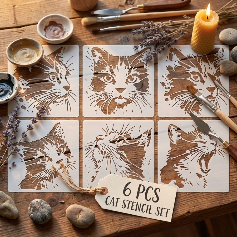 6pcs Cat Head Stencil With Various Expressions,6.0 Inch Reusable Cute & Vivid Cat Face Stencils, Plastic Durable Pet-Theme DIY Drawing Templates Suitable Party Decorations, Fabric, Wall, Canvas, Art Design, Home Decor& Art Crafts - Cat Head - View 1