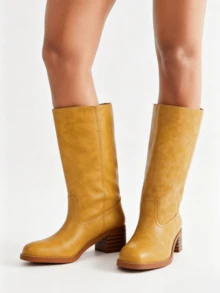 Knee High Boots Square Toe Chunky Block Heel Long Boots For Women Comfortable Low Heel Womens Boots - Yellow - View 6