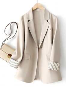 Women's Cuff Striped Patchwork One Button Regular Blazer Casual Spring - Apricot - View 3